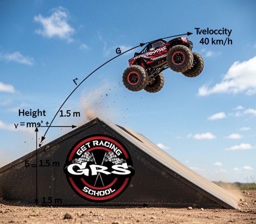 Trajectory, velocity and height annotated on an RC truck jumping a ramp